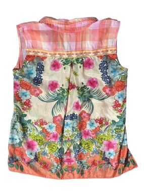 Johnny Was 3 J Workshop button front one-of-a-kind artsy peach plaid top
